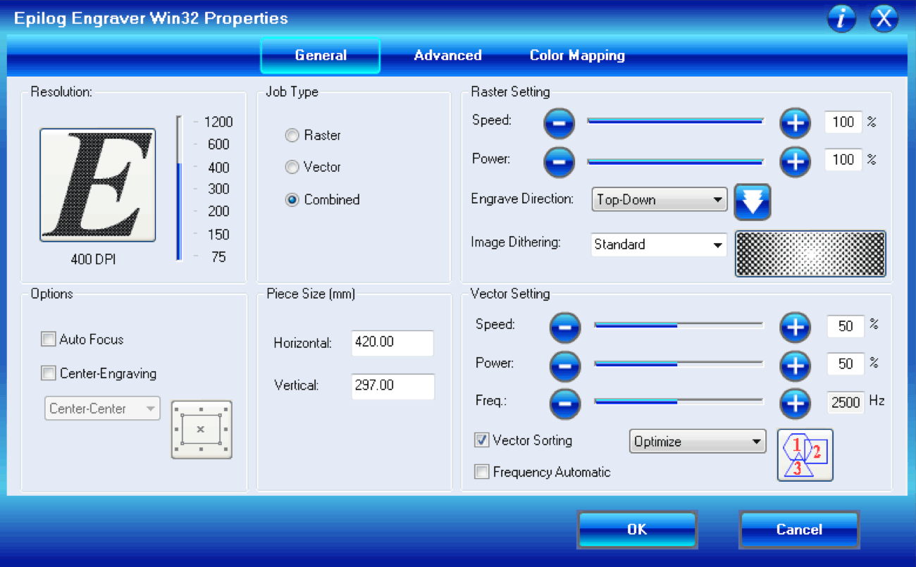 Screenshot of lasercutting settings